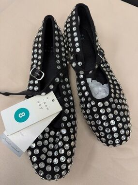 a new day Black Mary Jane rhinestoneFlats with Silver Crystal Studs memory foam